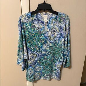 Chico's Blue and Green Paisley Top Stretch Sz 2 US L